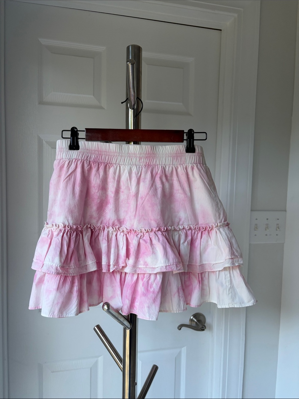 Generation Love Pink Tie-Dye Ruffle Tiered Mini Skirt, Waist 15 (flat).